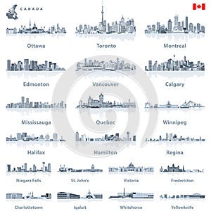 Canadian largest cities and all states capitals skylines in tints of blue color palette with water reflections