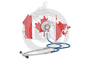 Canadian map with stethoscope, national health care concept, 3D