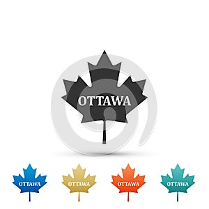 Canadian maple leaf with city name Ottawa icon isolated on white background. Set elements in colored icons