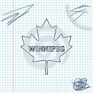 Canadian maple leaf with city name Winnipeg line sketch icon isolated on white background. Vector Illustration.