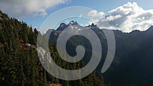 Canadian Mountain Landscape and Vibrant green trees. Fall Season. Aerial Nature Background