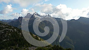 Canadian Mountain Landscape and Vibrant green trees. Fall Season. Aerial Nature Background