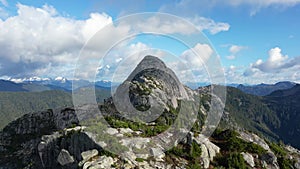 Canadian Mountain Landscape and Vibrant green trees. Fall Season. Aerial Nature Background