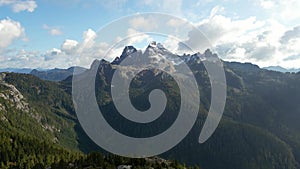 Canadian Mountain Landscape and Vibrant green trees. Fall Season. Aerial Nature Background