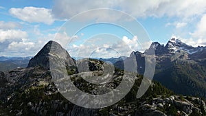 Canadian Mountain Landscape and Vibrant green trees. Fall Season. Aerial Nature Background