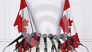 Canadian official press conference. Flags of Canada and microphones. Conceptual 3D rendering