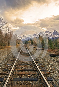 Canadian Pacific Railway Line Dramatic Sunset Sky Canmore Bow Valley Alberta Foothills Canada