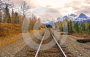 Canadian Pacific Railway Line Dramatic Sunset Sky Canmore Bow Valley Alberta Foothills Canada