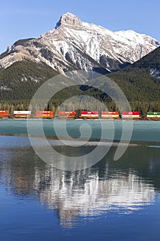 Canadian Pacific Train Mountain Lake Reflections Alberta Foothills Springtime Landscape Canadian Rockies