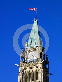 Canadian Parliament Building in Ottawa, Evening Light on Maple Leaf Flag flying above Peace Tower, Ontario, Canada