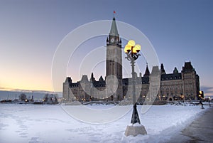 Canadian Parliament Building in Winter Viewed from the Front