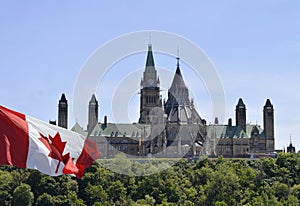 Canadian Parliament Hill, with Canada Flag on the left side