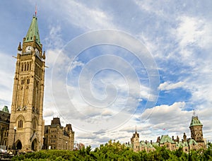 Canadian Parliament with Peace Tower and East Block in Ottawa, Canada