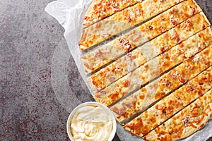 Canadian pizza Garlic Fingers and Donair Sauce close-up on paper. horizontal top view photo