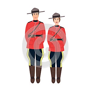 Canadian policeman and policewoman in traditional uniform - scarlet tunic and breeches. Full length portrait of royal