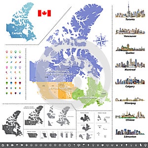 Canadian provinces and territories map colored by regions.