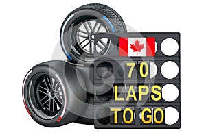 Canadian racing, pit board with flag of Canada and racing wheels with different compounds type tyres. 3D rendering