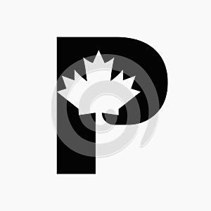 Canadian Red Maple Logo on Letter P Vector Symbol. Maple Leaf Concept For Canadian Company Identity