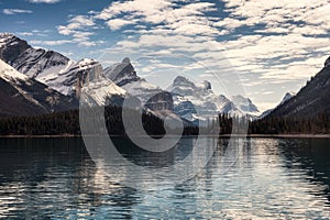 Canadian rockies with blue sky reflection on Maligne lake in Jasper