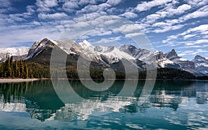 Canadian rockies with blue sky reflection on Maligne lake in Jasper