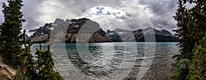 Canadian Rockies Landscape Panorama - Bow Lake and Crowfoot Mountain and glacier Banff national park, Alberta, Canada