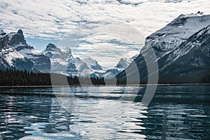 Canadian Rockies reflection on Maligne lake in Jasper national park, AB, Canada