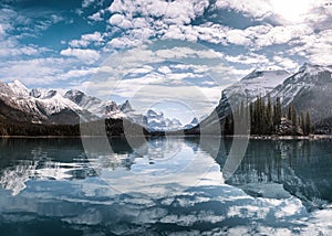 Canadian Rockies reflection on Maligne lake in Jasper national park, AB, Canada