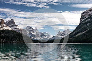 Canadian Rockies reflection on Maligne lake in Jasper national park, AB, Canada