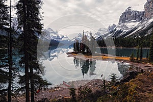 Canadian rockies reflection on Maligne lake in Spirit Island at Jasper national park