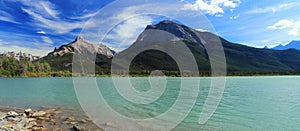 Canadian Rocky Mountains Landscape Panorama of Gap Lake in Bow River Valley near Canmore, Alberta, Canada