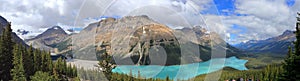 Canadian Rocky Mountains Landscape Panorama of Peyto Lake and Rugged Mountain Peaks, Banff National Park, Alberta