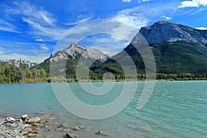 Canadian Rocky Mountains with Oxbow Lake in Bow River Valley near Canmore at the Entrance of Banff National Park, Alberta