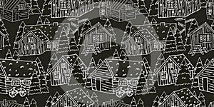 Canadian and scandinavian black white wooden houses with grass on the roof and christmas trees vector handwritten seamless repeat
