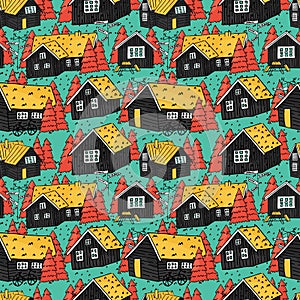 Canadian and scandinavian black wooden houses with grass on the roof white windows and pink christmas trees vector hand drown