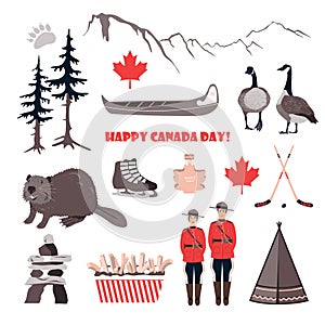 Canadian symbols such as beaver, goose, canoe, teepee, hockey, royal police, maple leaves and mountains. Happy National