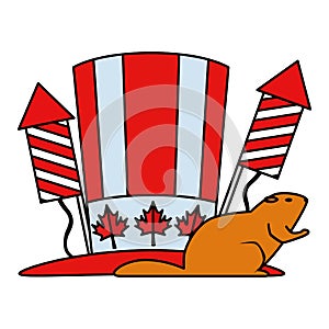 canadian tophat with fireworks rockets and otter