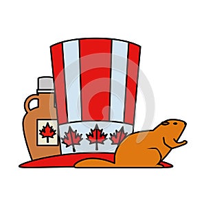 canadian tophat with maple syrup bottle and otter