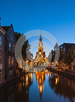 Canal in Alkmaar Netherlands at dusk