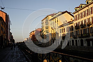 Canal and ancient building at cockcrow in city center