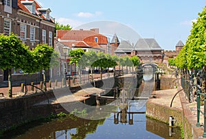 Canal and ancient fortress wall Koppelpoort,Amersfoort,Holland