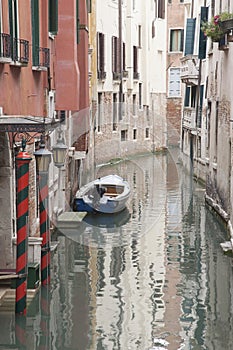 Canal with Boat and Red Brick Facade, Venice