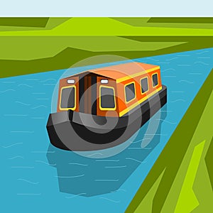 Top Front Side View Canal Boat on River Vector Illustration