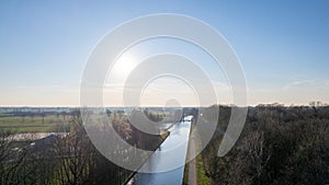 canal Dessel Schoten aerial photo in Rijkevorsel, kempen, Belgium, showing the waterway in the natural green