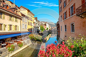 Canal du Thiou and colorful street in old town of Annecy. French Alps, France