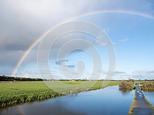 canal between dutch meadows in holland near utrecht with rainbow in blue sky