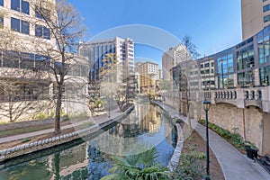 Canal flanked by pathways on a sunny day in San Antonio River Walk Texas