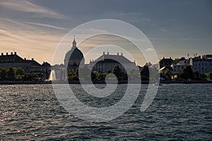 Canal in front of Frederik`s Church in Twilight, Copenhagen, Denmark