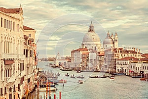 Canal Grande with Basilica di Santa Maria della Salute at sunset with retro vintage effect, Venice, Italy