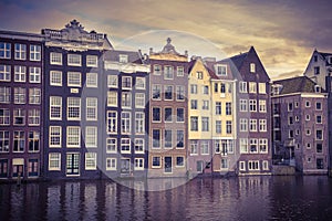 Canal houses Amsterdam damrak retro look