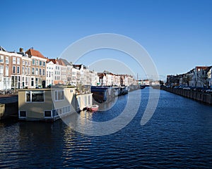 Canal Houses and Houseboats in Traditional Dutch Seaside Town Vlissingen, Zeeland, Netherlands